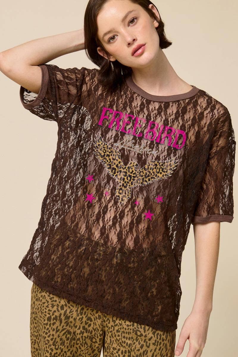 Leopard Free Bird America Graphic Sheer Lace Tee