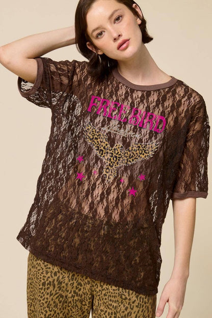 Leopard Free Bird America Graphic Sheer Lace Tee