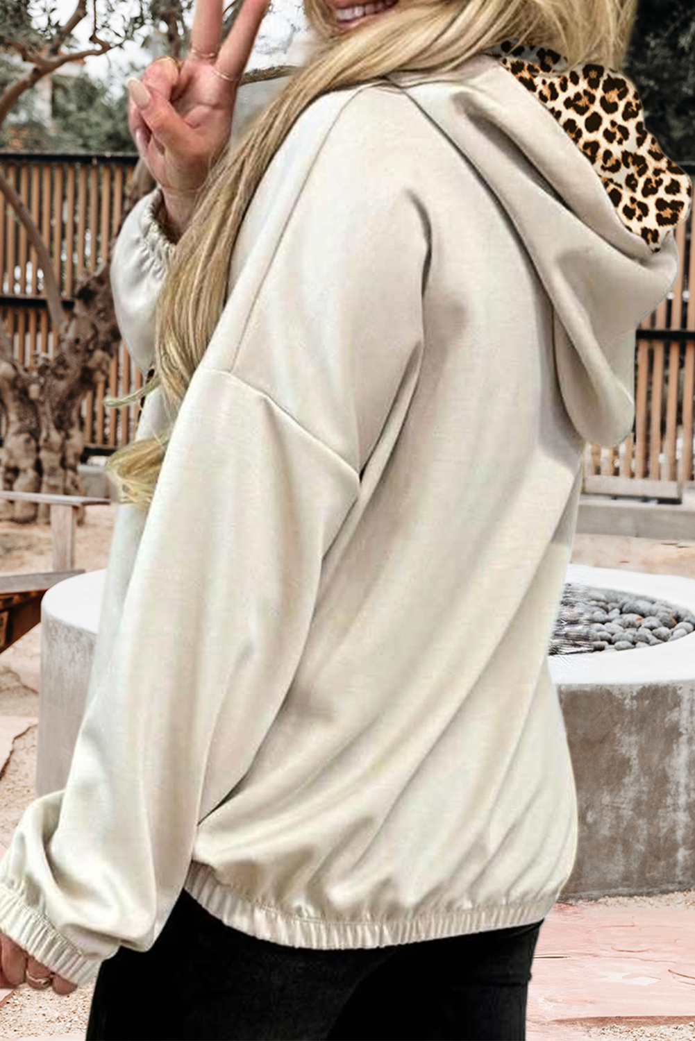 Leopard Contrast Beige Drawstring Hood Top