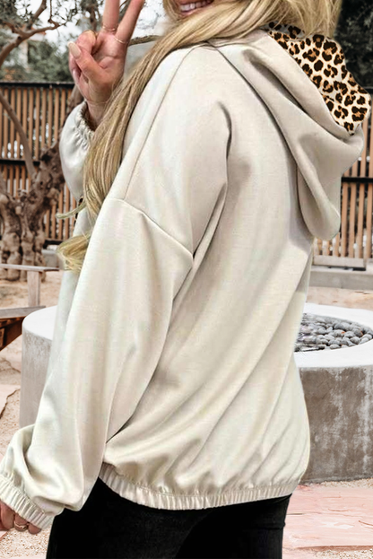 Leopard Contrast Beige Drawstring Hood Top