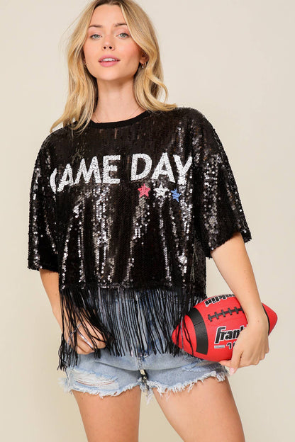 Game day sequin fringe top