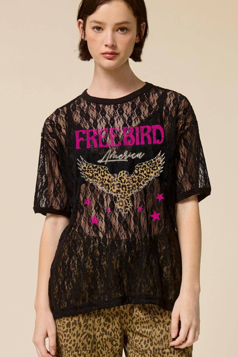 Leopard Free Bird America Graphic Sheer Lace Tee
