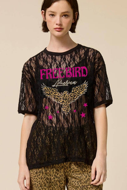 Leopard Free Bird America Graphic Sheer Lace Tee