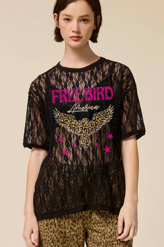 Leopard Free Bird America Graphic Sheer Lace Tee