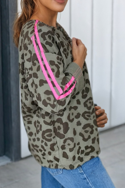 Leopard Print Varsity Striped Trim Top