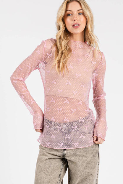 BOW PRINT LONG SLEEVE LACE TOP : PINK