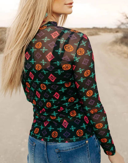 Western Aztec Printed Long Sleeve Mesh Top