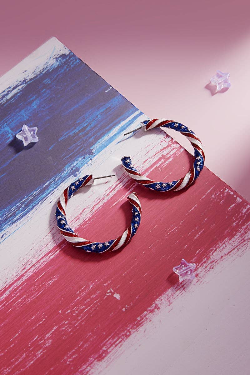 1.5 Inch American Flag Pattern Glitter Enamel Hoop Earrings