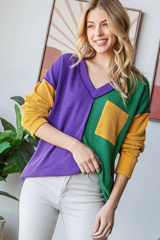 MARDI GRAS LONG SLEEVE URBAN RIB COLOR BLOCK TOP