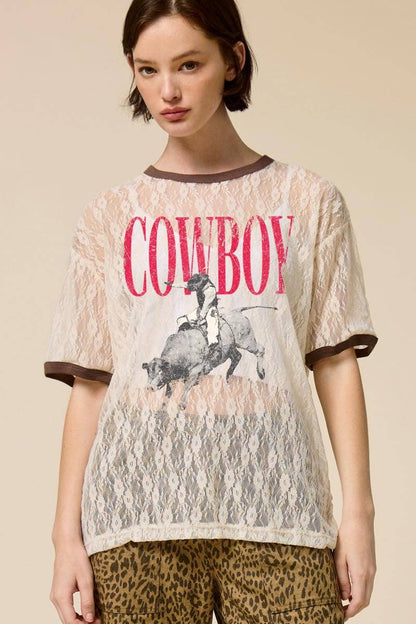 Cowboy Rodeo Western Graphic Sheer Lace Tee