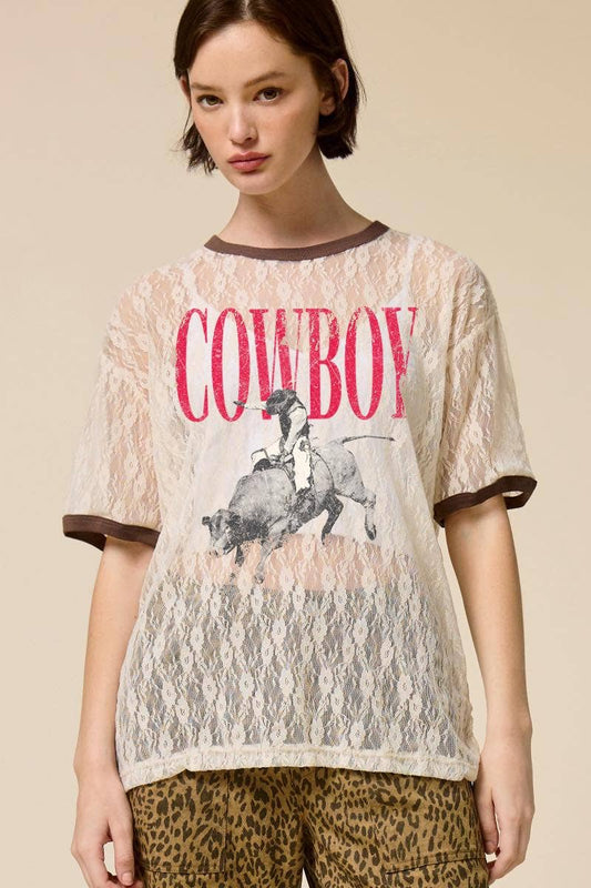 Cowboy Rodeo Western Graphic Sheer Lace Tee
