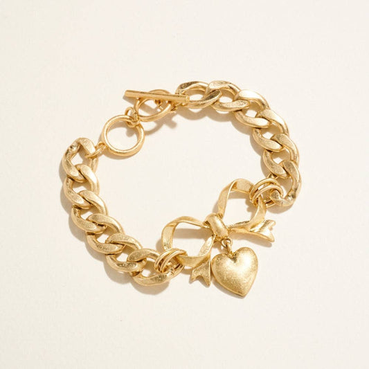 Puffy Heart Bow Ribbon Pendant Chain Bracelet