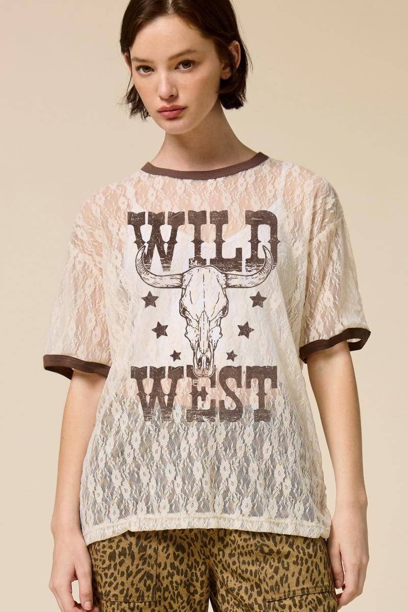 Wild West Vintage Longhorn Graphic Sheer Lace Tee