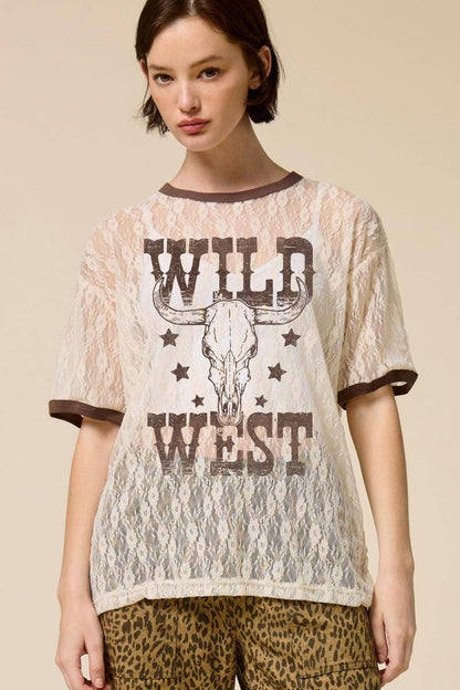 Wild West Vintage Longhorn Graphic Sheer Lace Tee