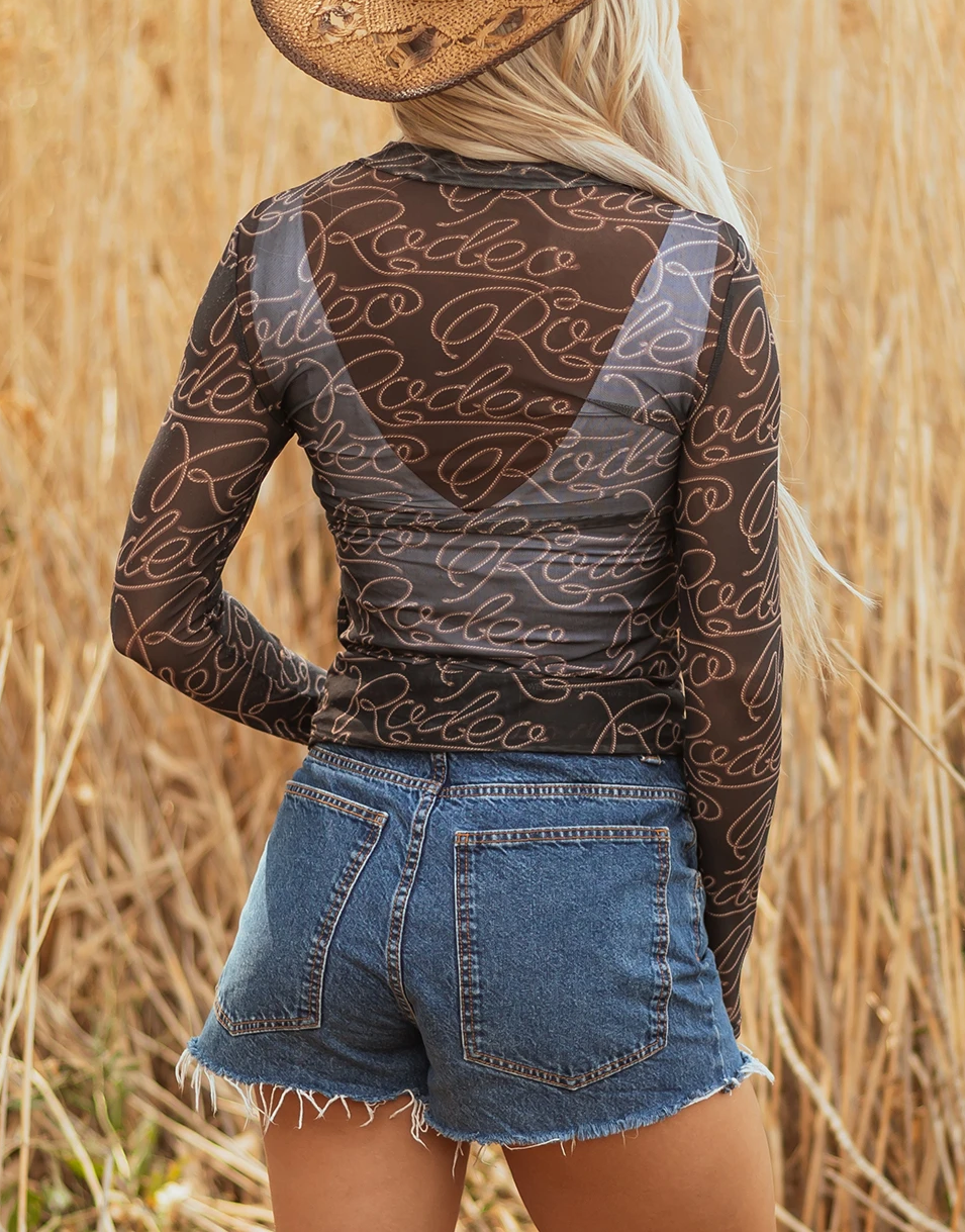 Western Rodeo Printed Mock Neck Long Sleeve Mesh Top