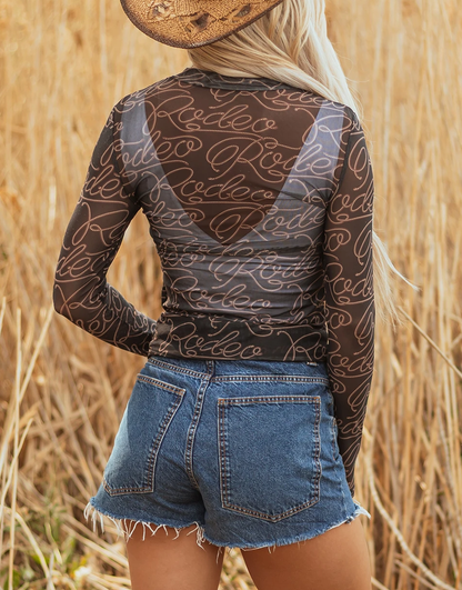 Western Rodeo Printed Mock Neck Long Sleeve Mesh Top