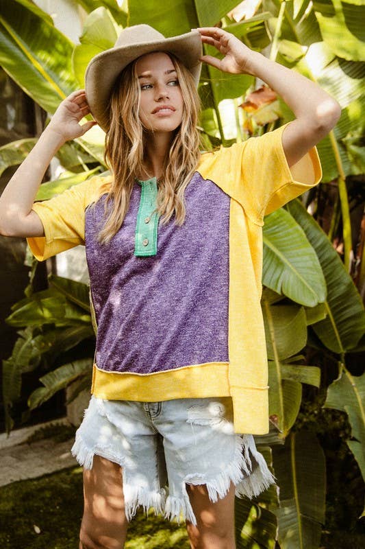 Mardi Gras Color Block Buttoned Uneven Hem Top