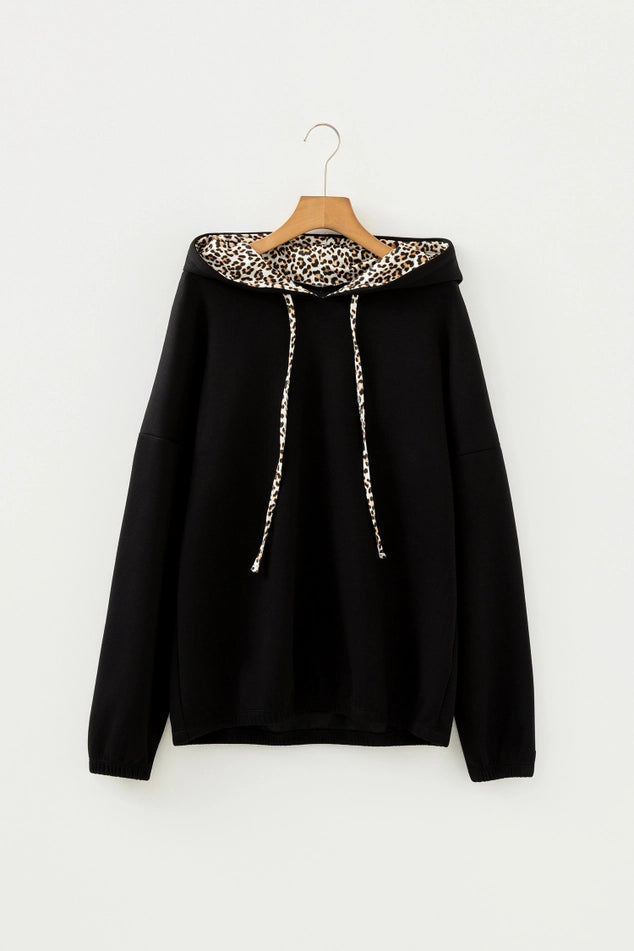 Leopard Contrast Black Drawstring Hood Top