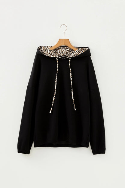Leopard Contrast Black Drawstring Hood Top