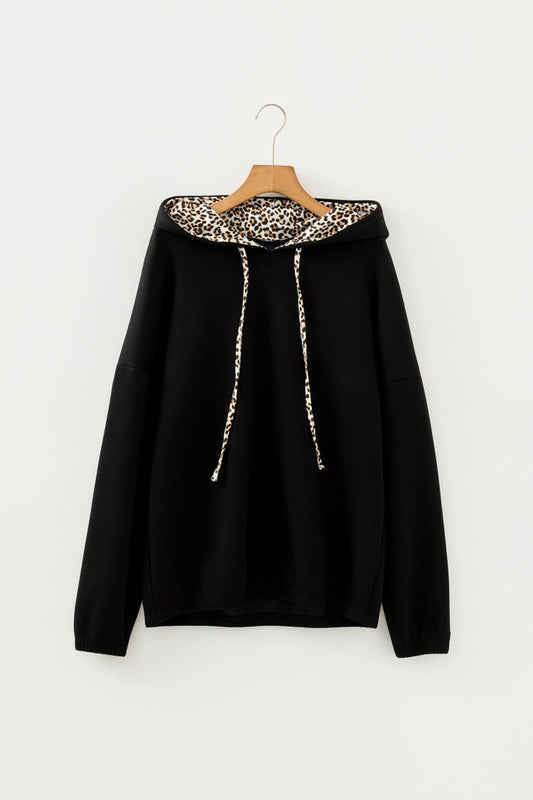 Leopard Contrast Black Drawstring Hood Top