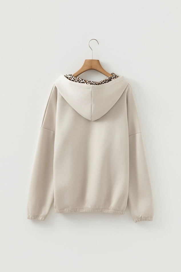 Leopard Contrast Beige Drawstring Hood Top