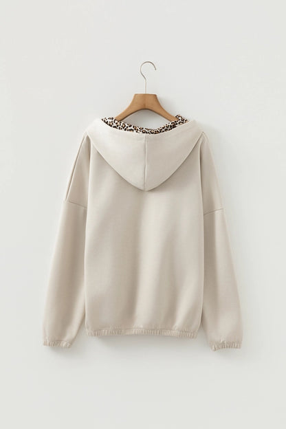 Leopard Contrast Beige Drawstring Hood Top