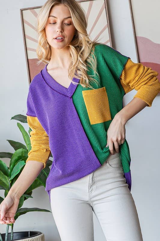 MARDI GRAS LONG SLEEVE URBAN RIB COLOR BLOCK TOP