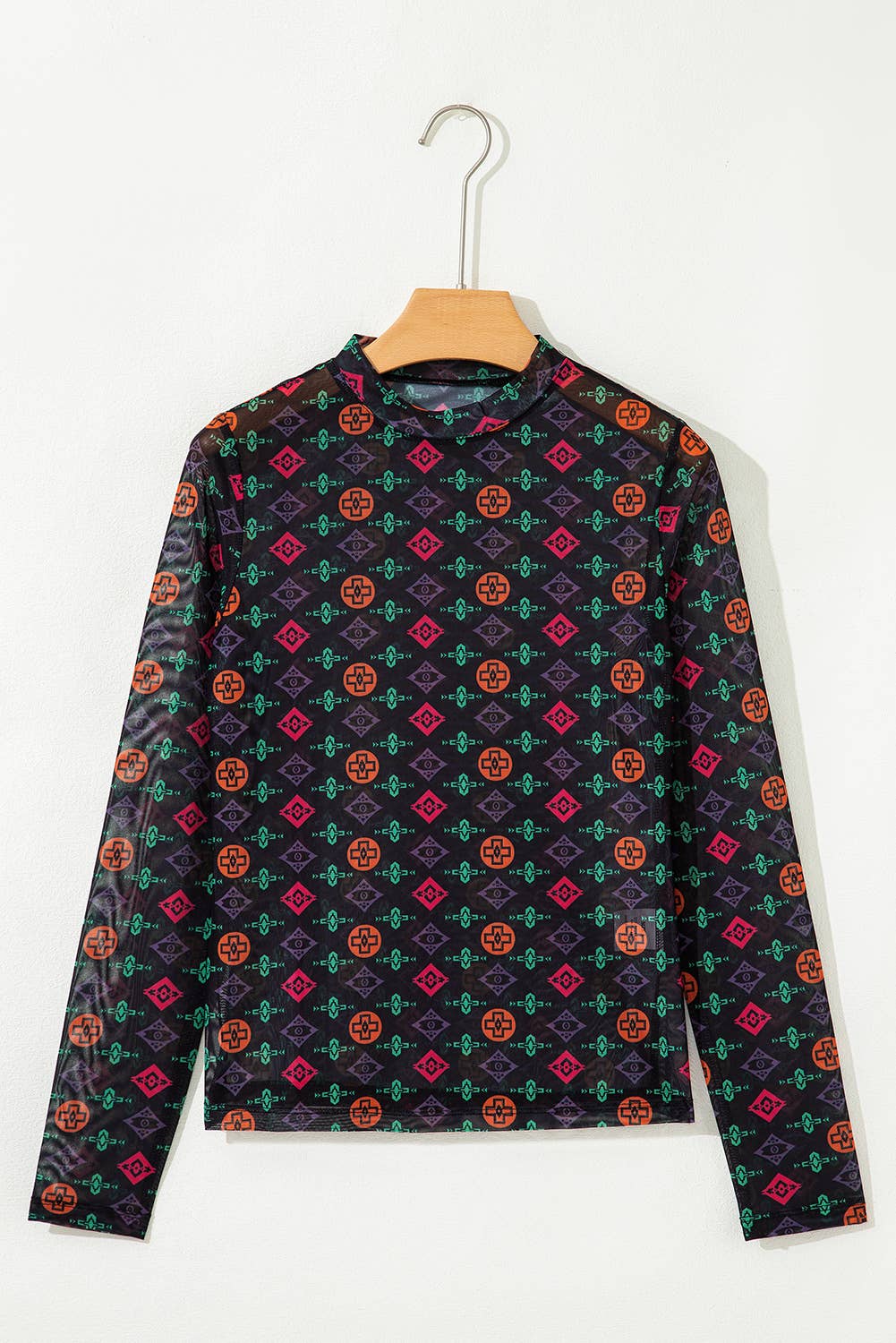 Western Aztec Printed Long Sleeve Mesh Top