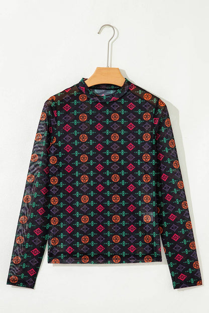 Western Aztec Printed Long Sleeve Mesh Top