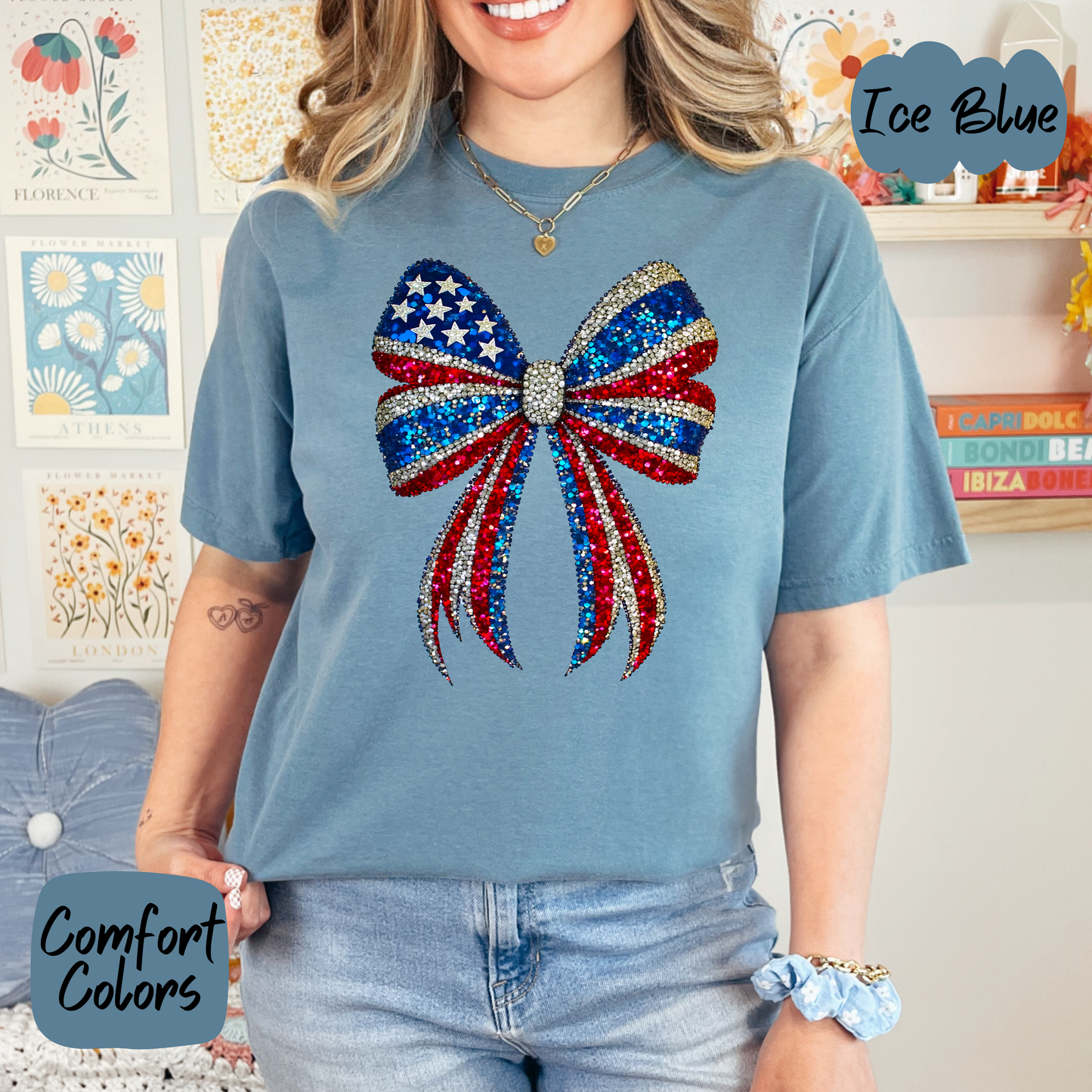 Americana Faux Rhinestone Bow Comfort Colors T-Shirt