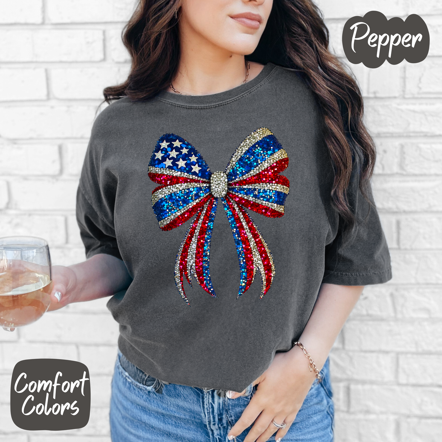 Americana Faux Rhinestone Bow Comfort Colors T-Shirt