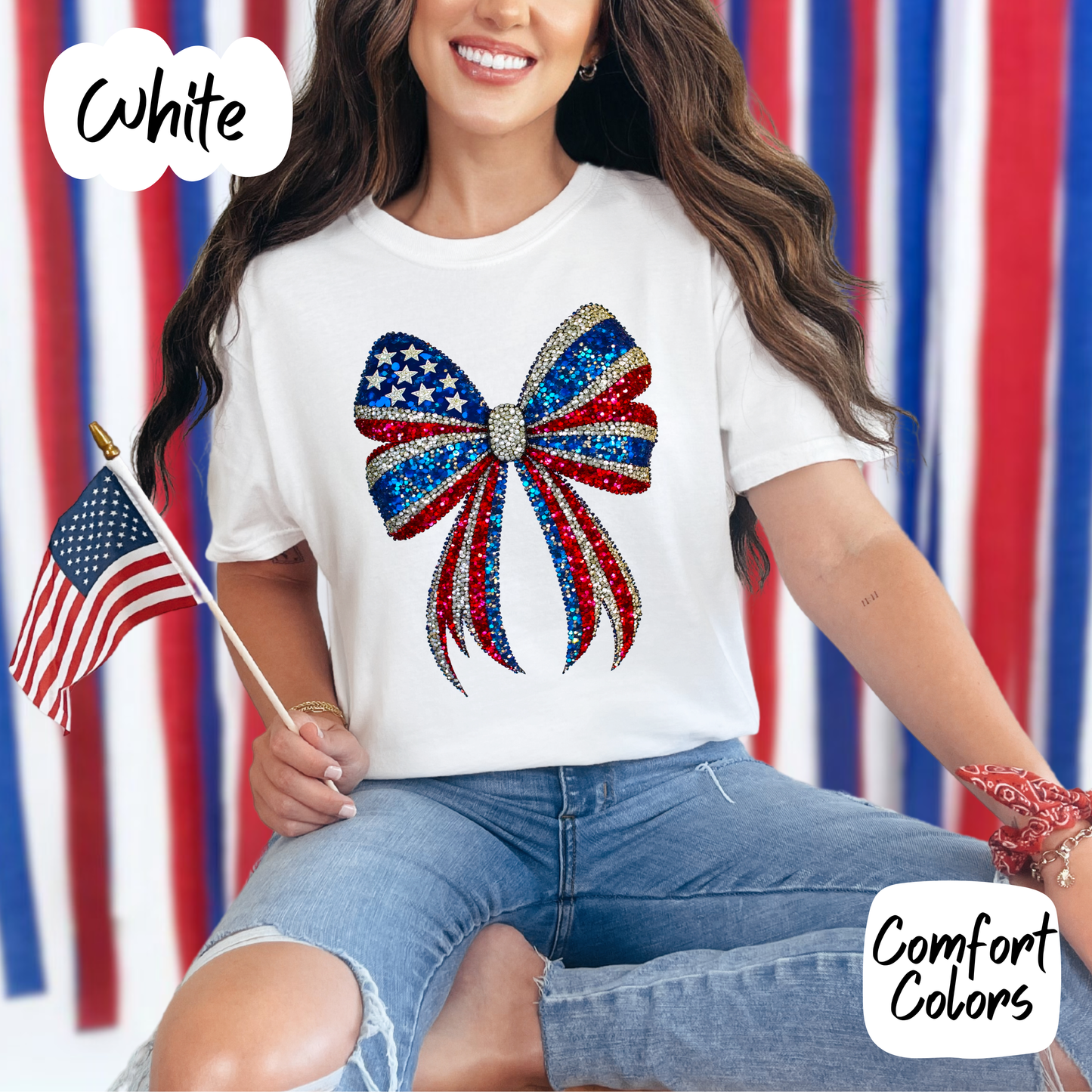 Americana Faux Rhinestone Bow Comfort Colors T-Shirt