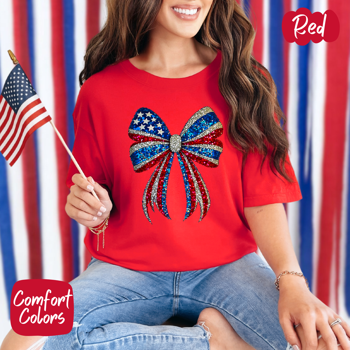 Americana Faux Rhinestone Bow Comfort Colors T-Shirt