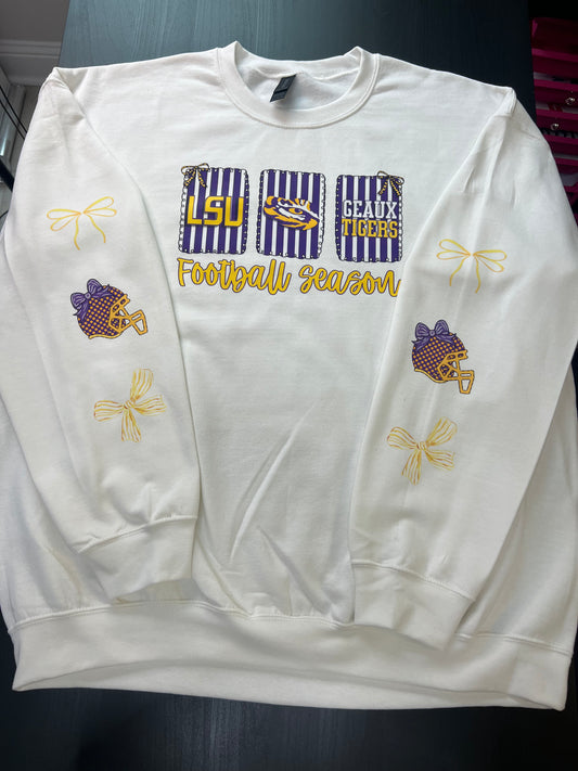 Purple and Gold Disco Football Season Sweatshirt with Sleeve Prints
