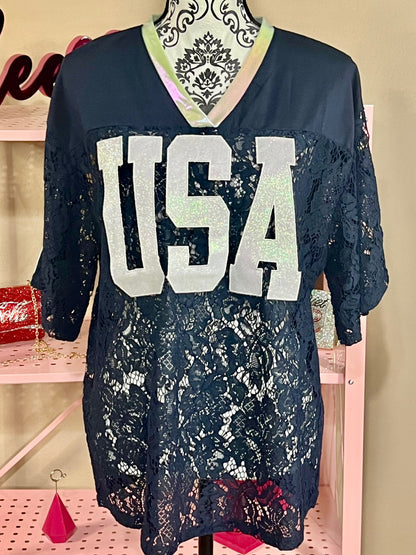 Patriotic Glitter USA Lace Jersey