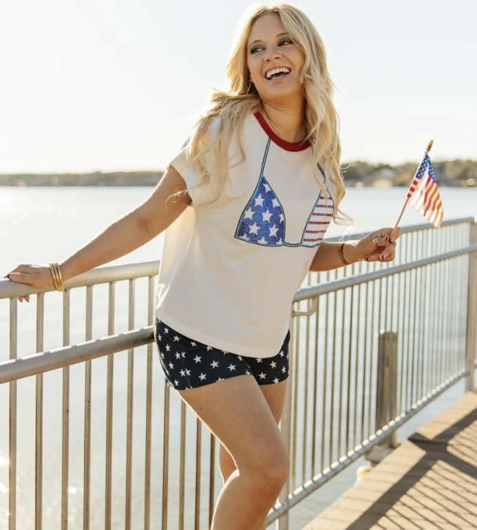 Patriotic Sequin Bikini Top White Shirt