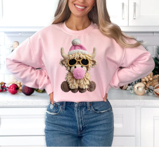 Pink Faux Yarn Bubble Gum Highland Cow Shirt/Crewneck ~Glitter~