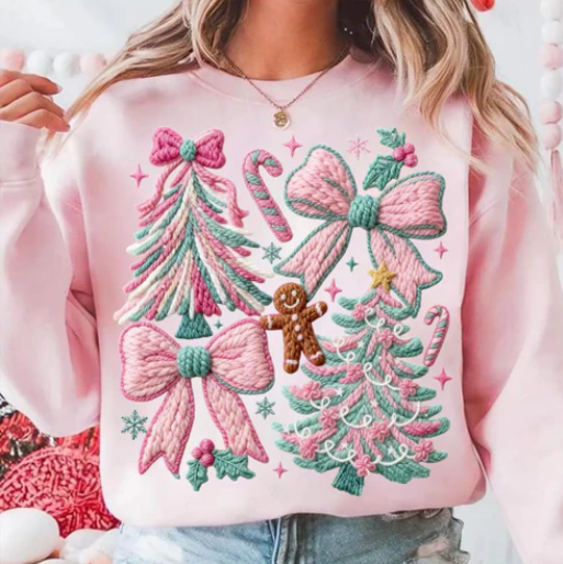 Pink Christmas Trees and Bows Collage Shirt/Crewneck ~Glitter~