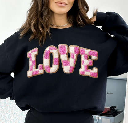Pink Checkered Faux Plush LOVE Shirt/Crewneck ~Glitter~