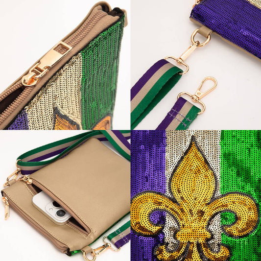 Fleur de Lis Mardi Gras Sequin Crossbody Bag: Purple