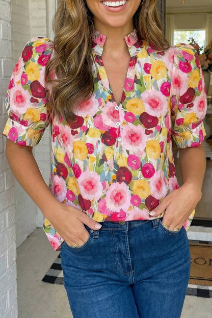 Floral Frilled V Neck Puff Short Sleeve Blouse