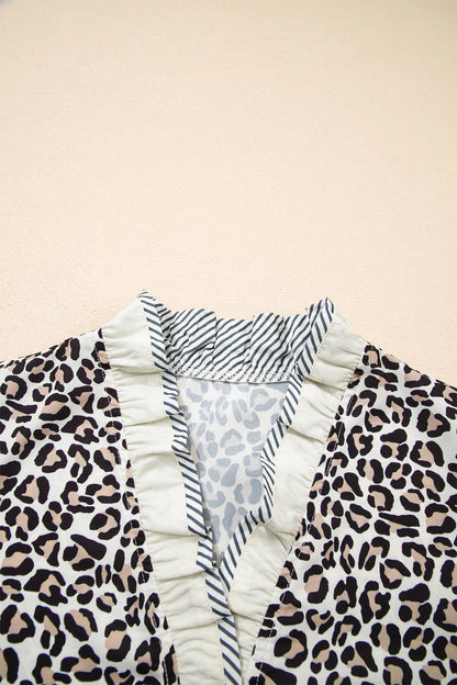 Leopard Print Ruffled Trim V Neck Blouse