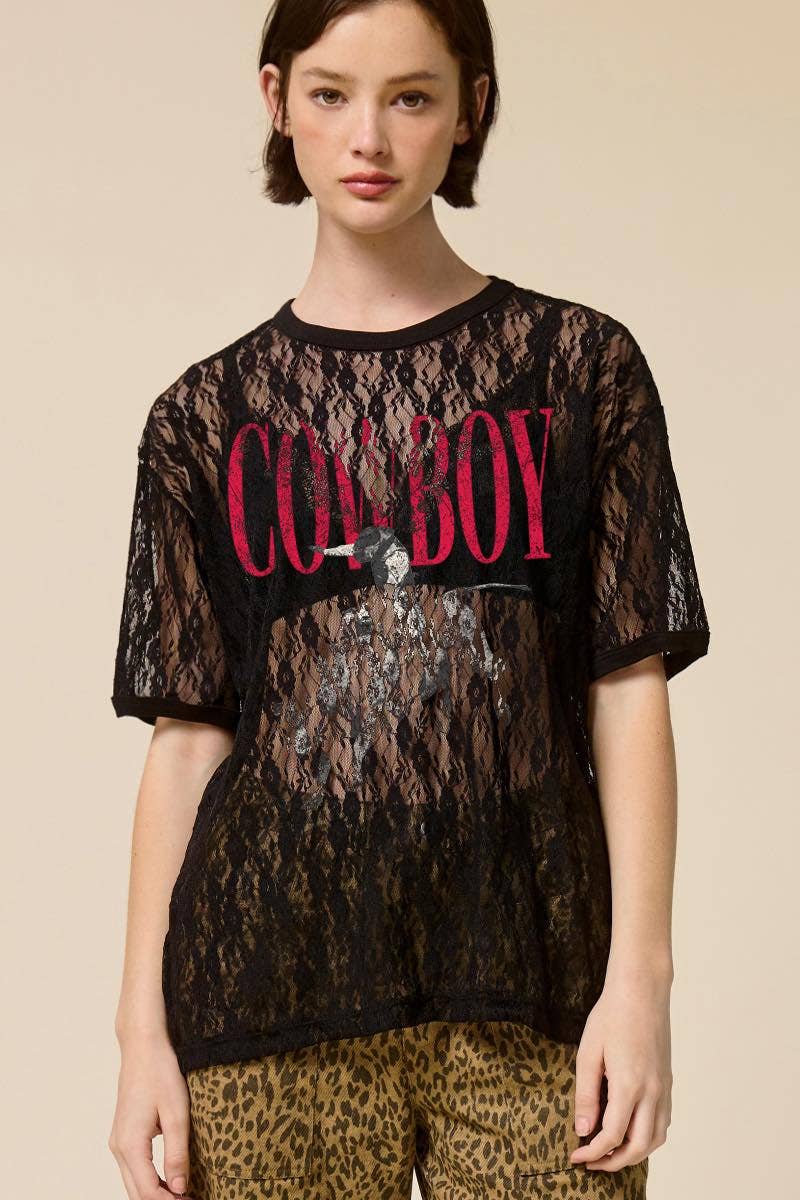 Cowboy Rodeo Western Graphic Sheer Lace Tee