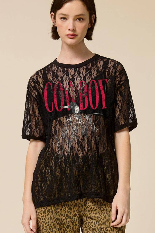 Cowboy Rodeo Western Graphic Sheer Lace Tee