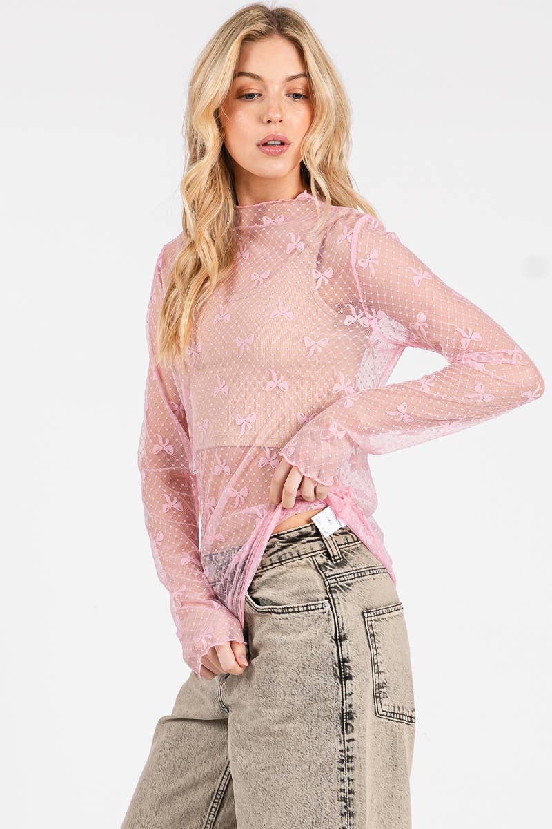 BOW PRINT LONG SLEEVE LACE TOP : PINK