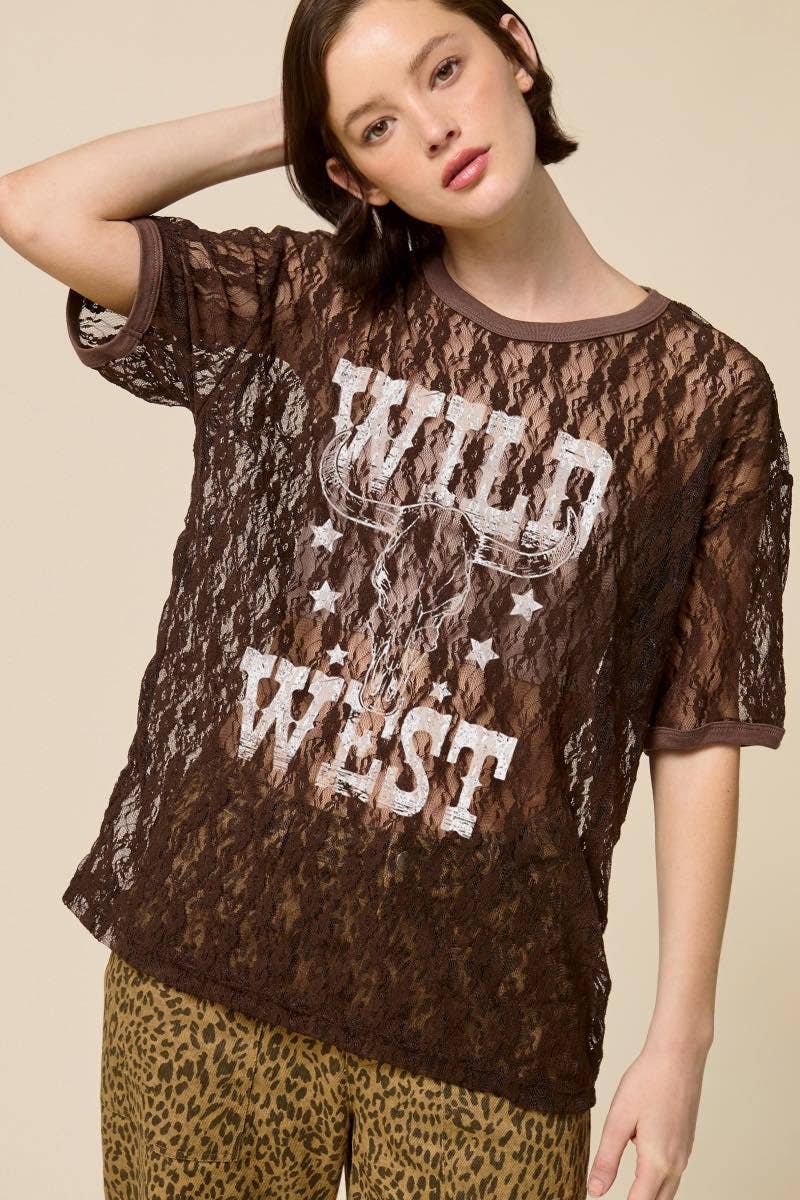 Wild West Vintage Longhorn Graphic Sheer Lace Tee