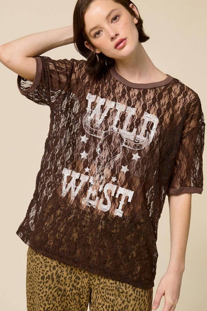 Wild West Vintage Longhorn Graphic Sheer Lace Tee