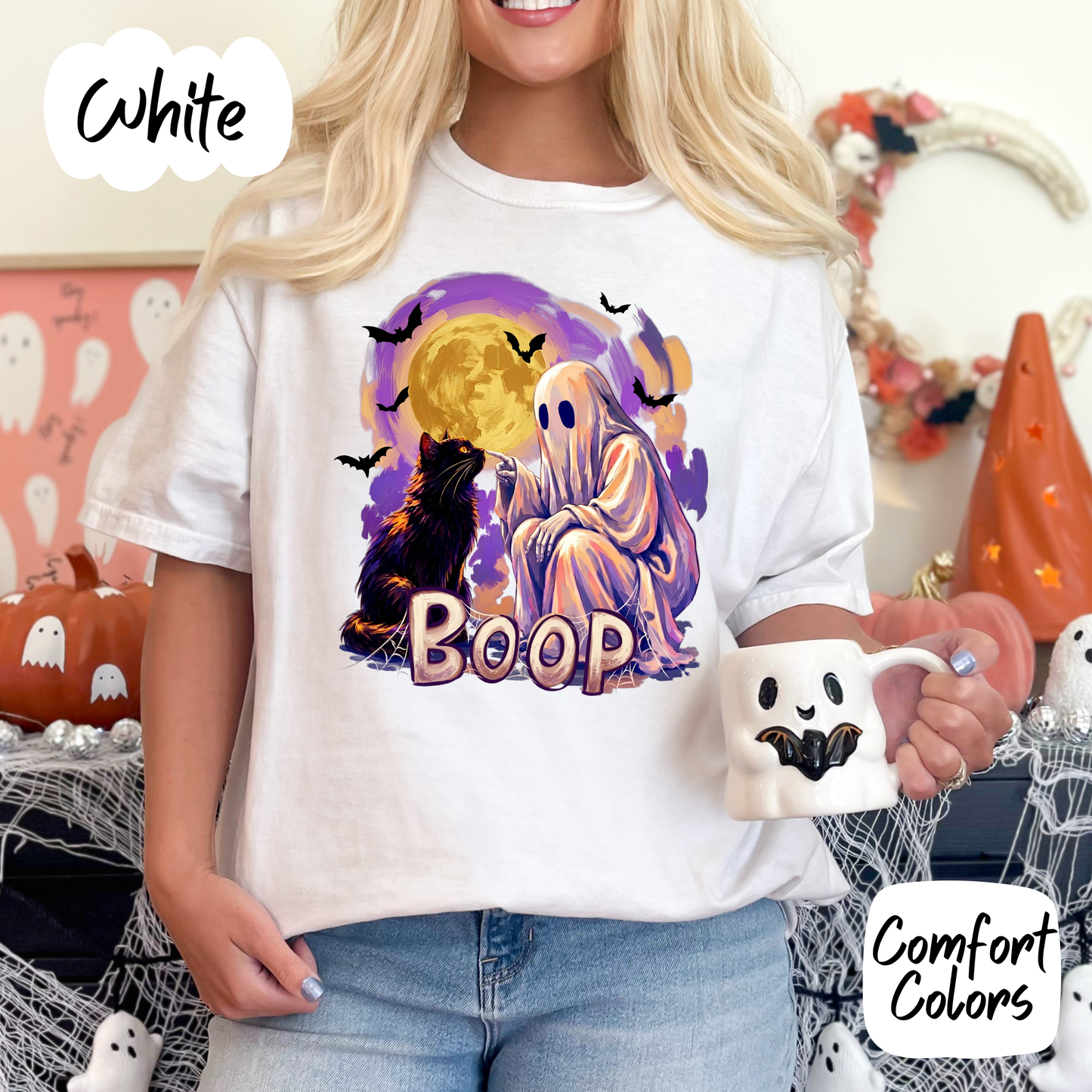 Halloween Ghost Booping Cat Comfort Colors T-Shirt