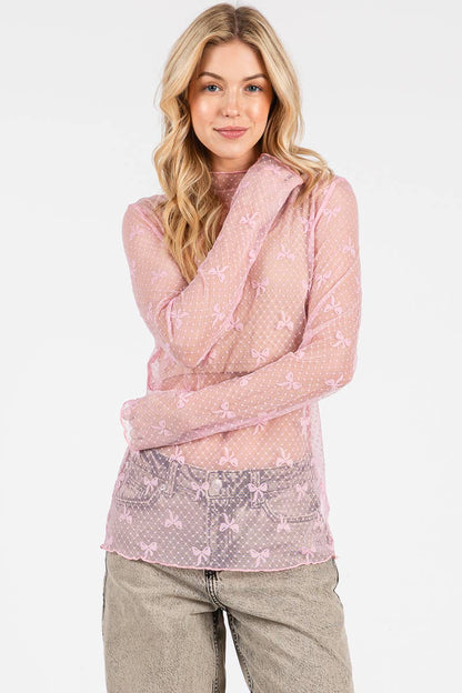 BOW PRINT LONG SLEEVE LACE TOP : PINK
