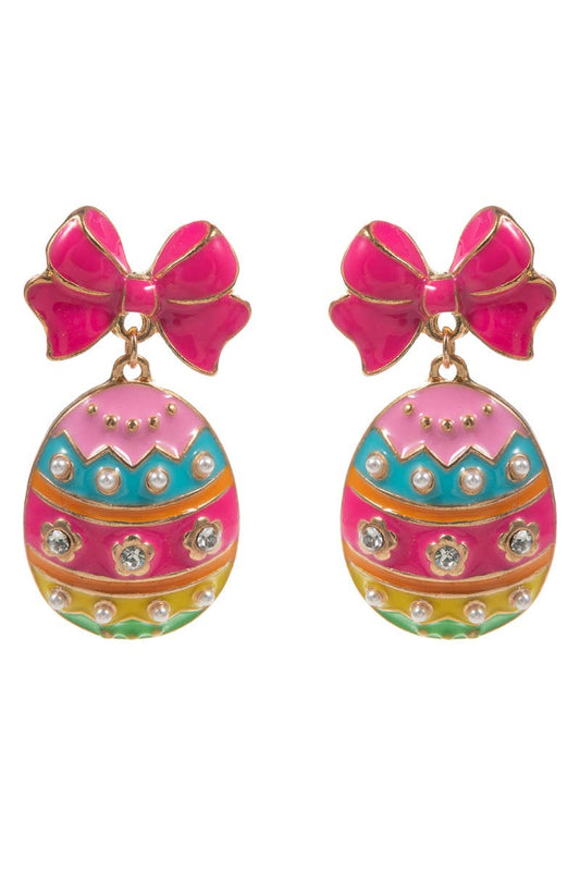 Easter Egg Hot Pink Enamel Ribbon Titanium Post Earrings